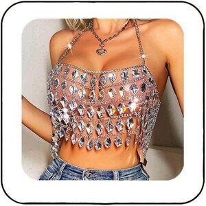 Rhinestones Bra Chain Top Women's Silver Crystal Halter Beach Party Crop